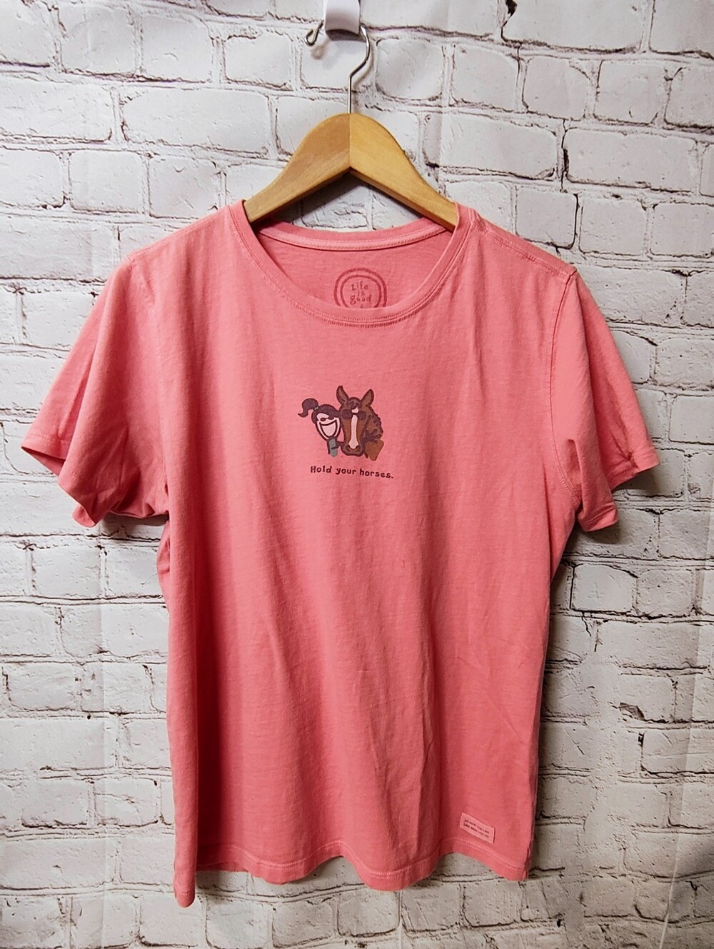Life is Good Hold Your Horses Graphic Pink Cotton Relaxed Fit Tee Shirt M